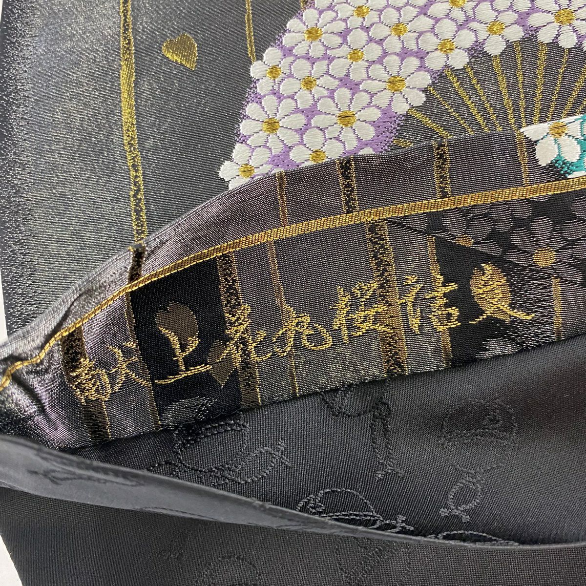 【美品】 袋帶 秀品級 櫻花花瓣 金絲 金金箔 墨色 六通 純蠶絲