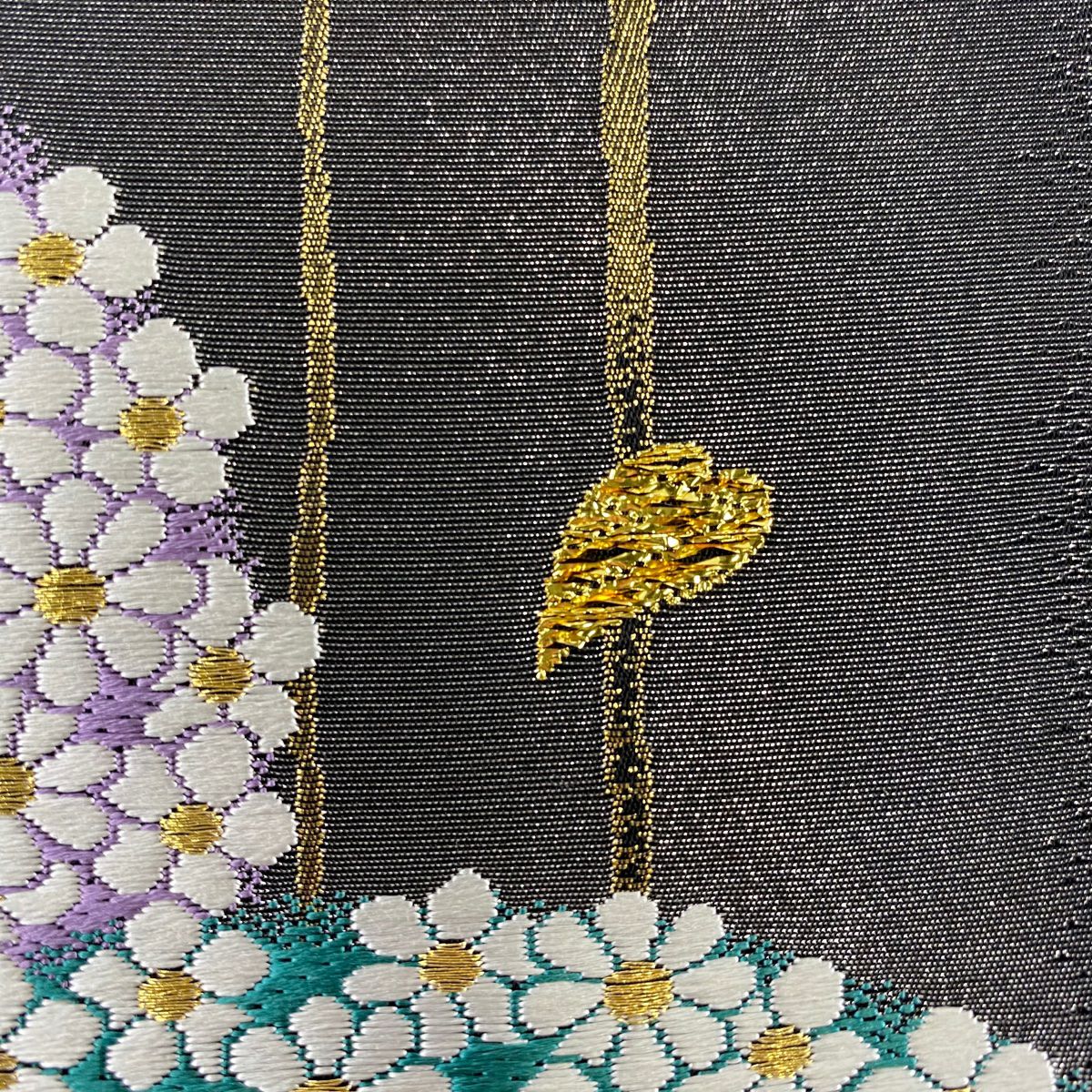 【美品】 袋帶 秀品級 櫻花花瓣 金絲 金金箔 墨色 六通 純蠶絲