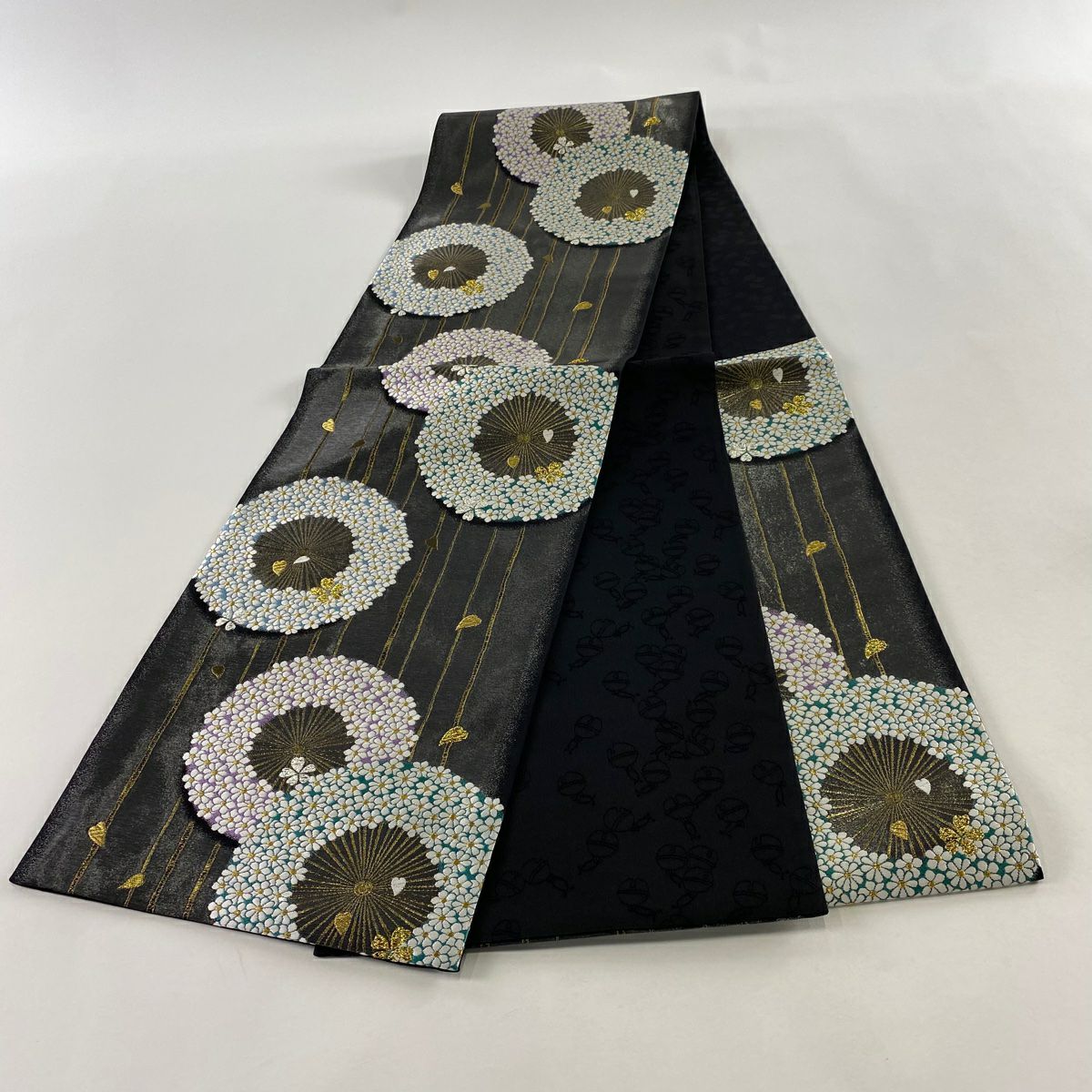 【美品】 袋帶 秀品級 櫻花花瓣 金絲 金金箔 墨色 六通 純蠶絲