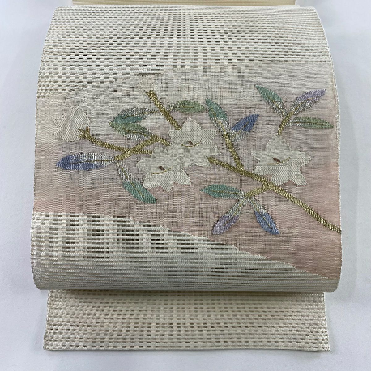 名古屋帶 秀品級 八寸名古屋帶 夏帶 絽 枝花 金銀彩 米色 純蠶絲