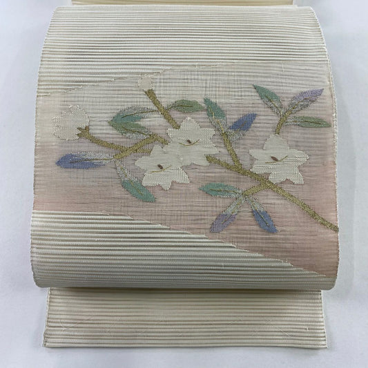 名古屋帶 秀品級 八寸名古屋帶 夏帶 絽 枝花 金銀彩 米色 純蠶絲