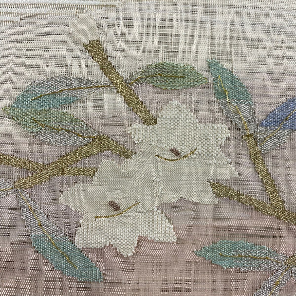 名古屋帶 秀品級 八寸名古屋帶 夏帶 絽 枝花 金銀彩 米色 純蠶絲