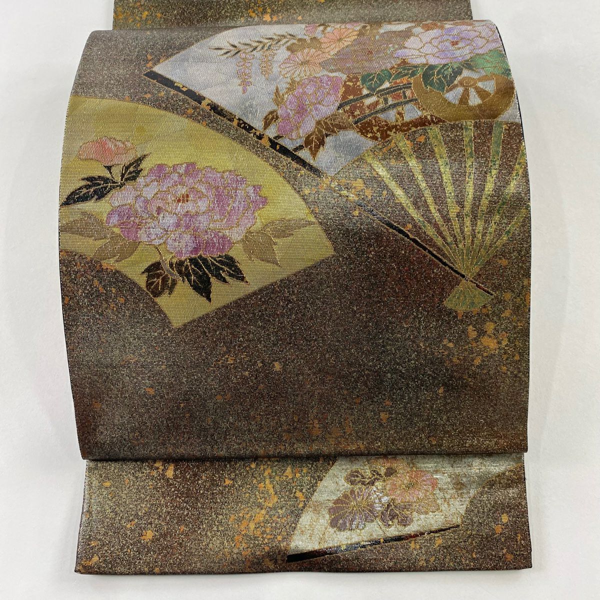 【美品】 袋帶 秀品級 扇子 花車 金金箔 螺鈿金金箔 茶紫 お太鼓圖案 純蠶絲