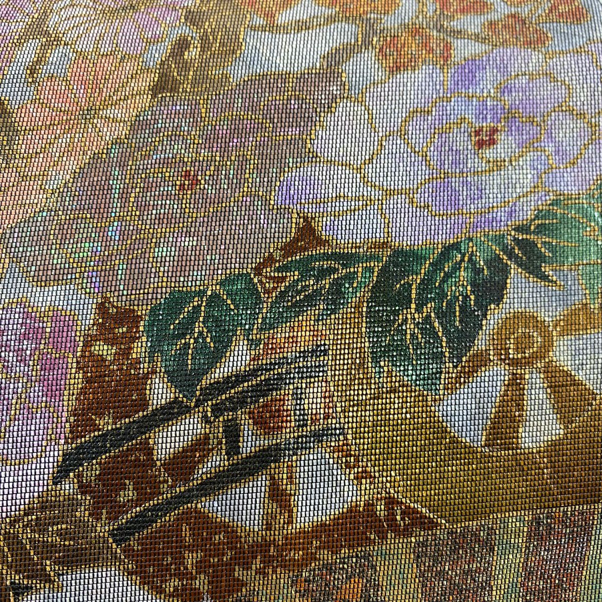 【美品】 袋帶 秀品級 扇子 花車 金金箔 螺鈿金金箔 茶紫 お太鼓圖案 純蠶絲