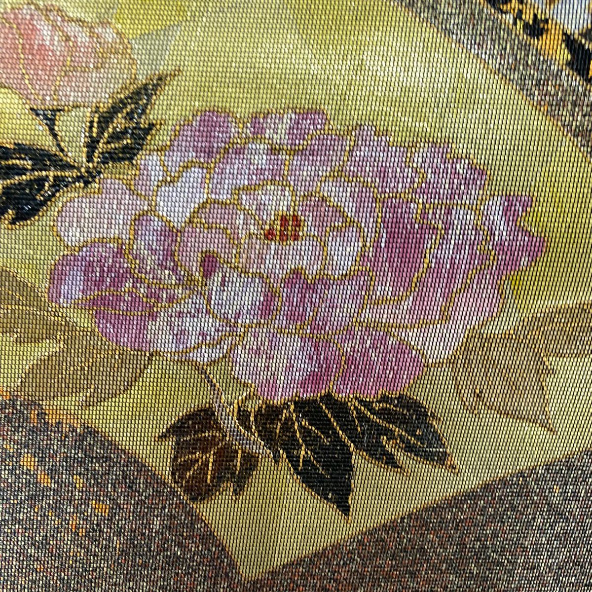 【美品】 袋帶 秀品級 扇子 花車 金金箔 螺鈿金金箔 茶紫 お太鼓圖案 純蠶絲