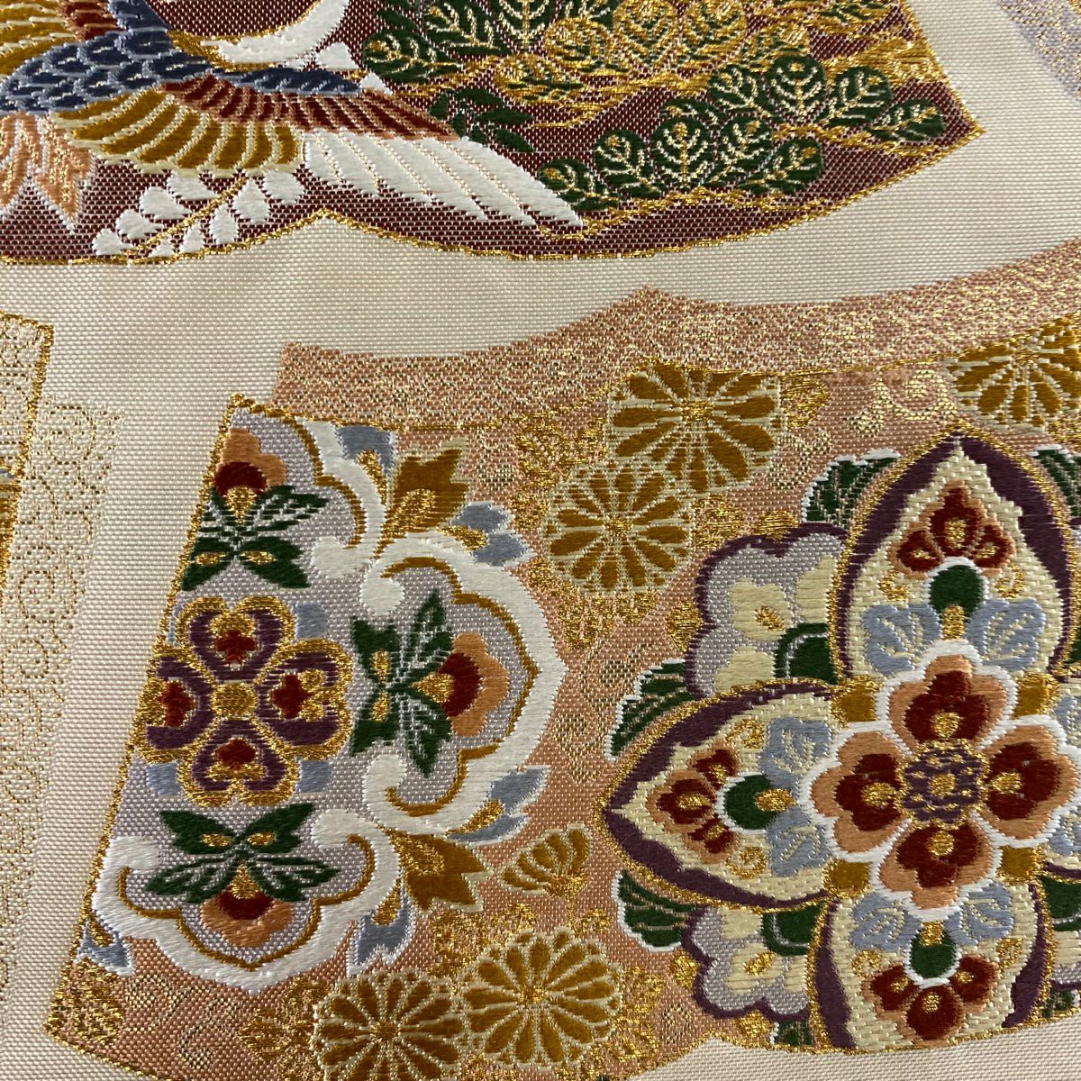 【美品】 袋帶 秀品級 冊子 華紋 金絲 金金箔 米色 六通 純蠶絲