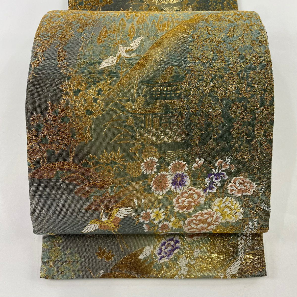 【美品】 袋帶 秀品級 草花紋紋 仙鶴 金糸 金金箔 茶綠 六通 純蠶絲