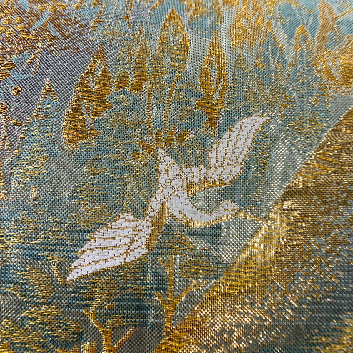 【美品】 袋帶 秀品級 草花紋紋 仙鶴 金糸 金金箔 茶綠 六通 純蠶絲