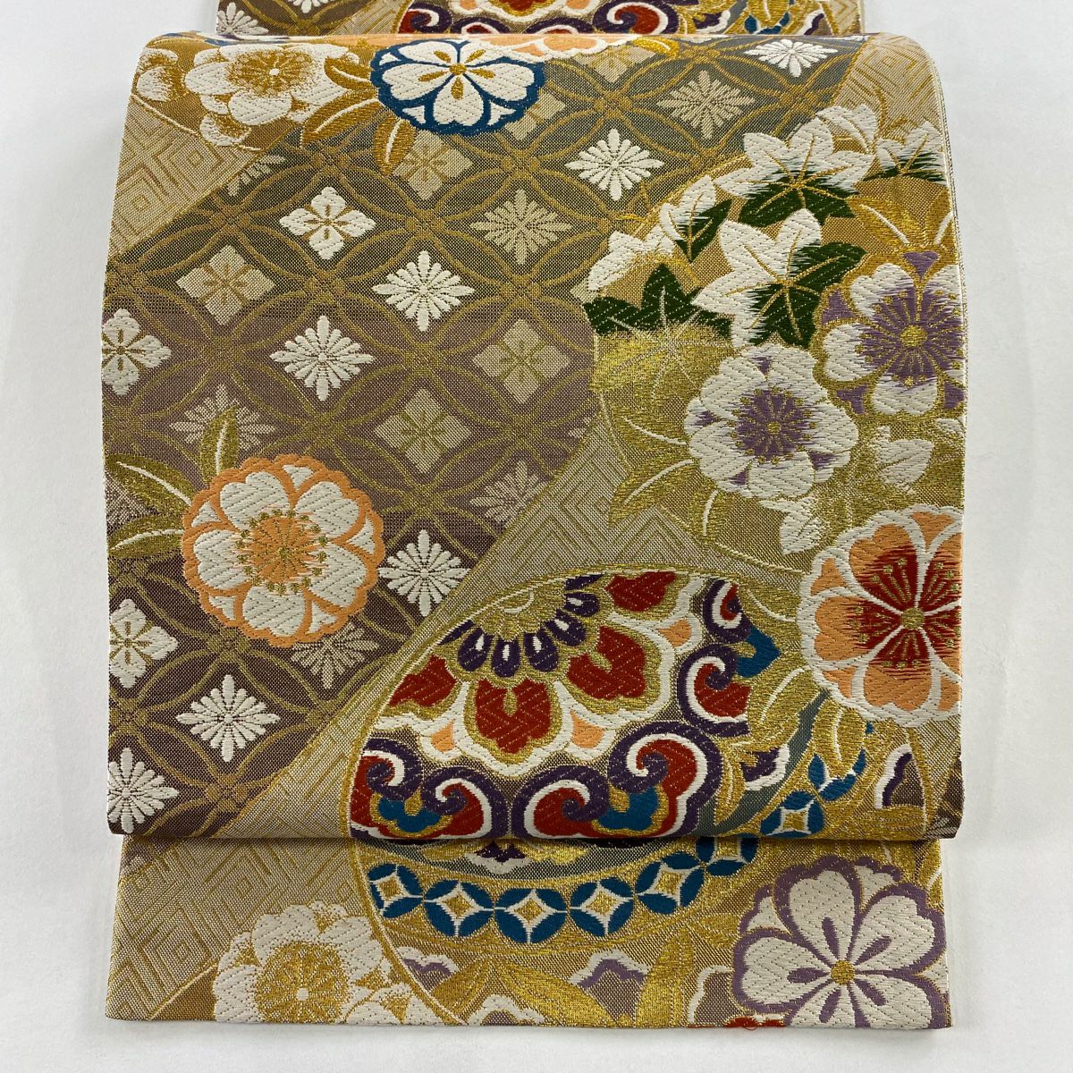 【美品】 袋帶 秀品級 振袖禮服禮服用 手鞠 櫻花 金線 唐織 金色 六通 純蠶絲