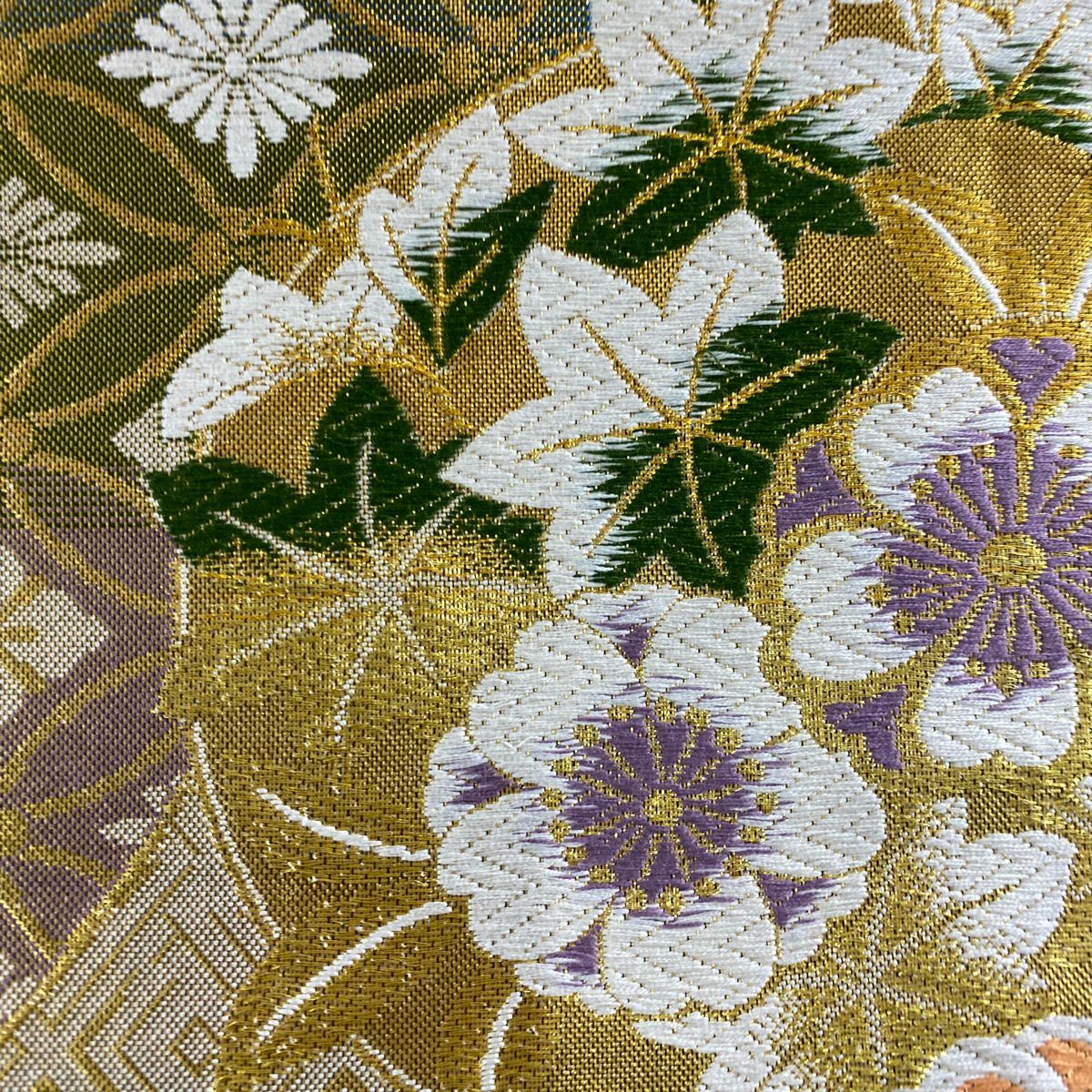 【美品】 袋帶 秀品級 振袖禮服禮服用 手鞠 櫻花 金線 唐織 金色 六通 純蠶絲