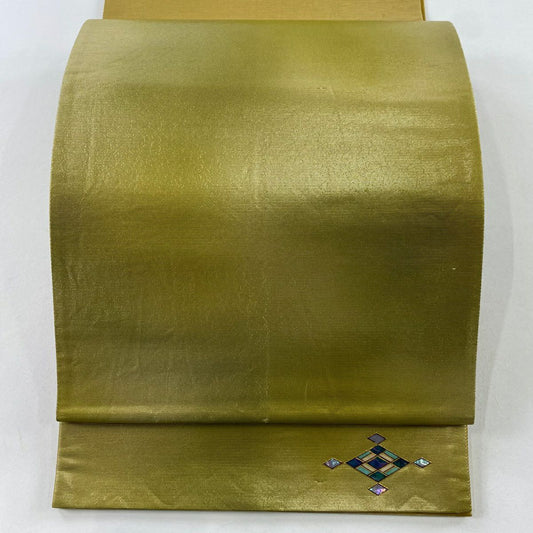 袋帶 秀品級 菱紋 單點圖案 金金箔 螺鈿 抹茶 深綠 純蠶絲