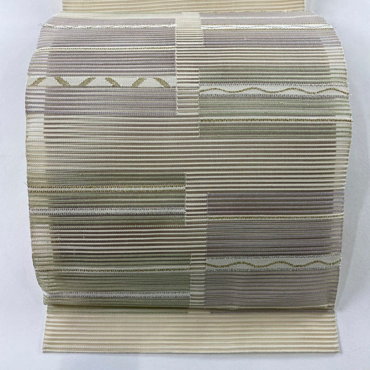 【美品】名古屋帶 秀品級 夏帶 八寸名古屋帶 松樹葉仕立 雜紋 四角 金絲 銀絲 奶油色 純蠶絲