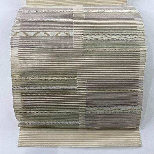 【美品】名古屋帶 秀品級 夏帶 八寸名古屋帶 松樹葉仕立 雜紋 四角 金絲 銀絲 奶油色 純蠶絲