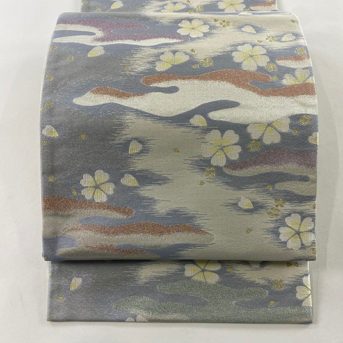 【美品】 袋帶 秀品級 樱花 霞 金金箔 拉麵線 青灰 六通 純蠶絲