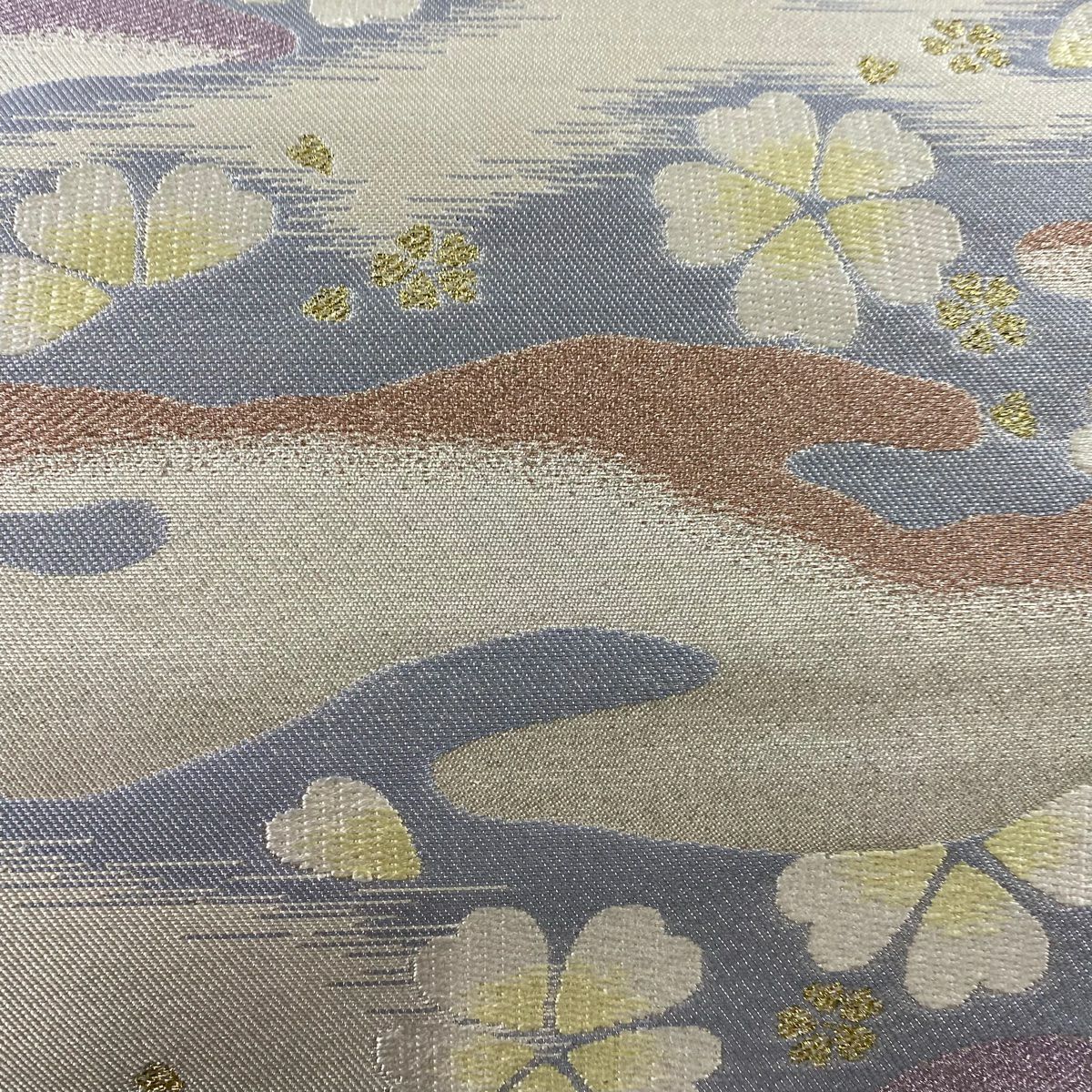 【美品】 袋帶 秀品級 樱花 霞 金金箔 拉麵線 青灰 六通 純蠶絲