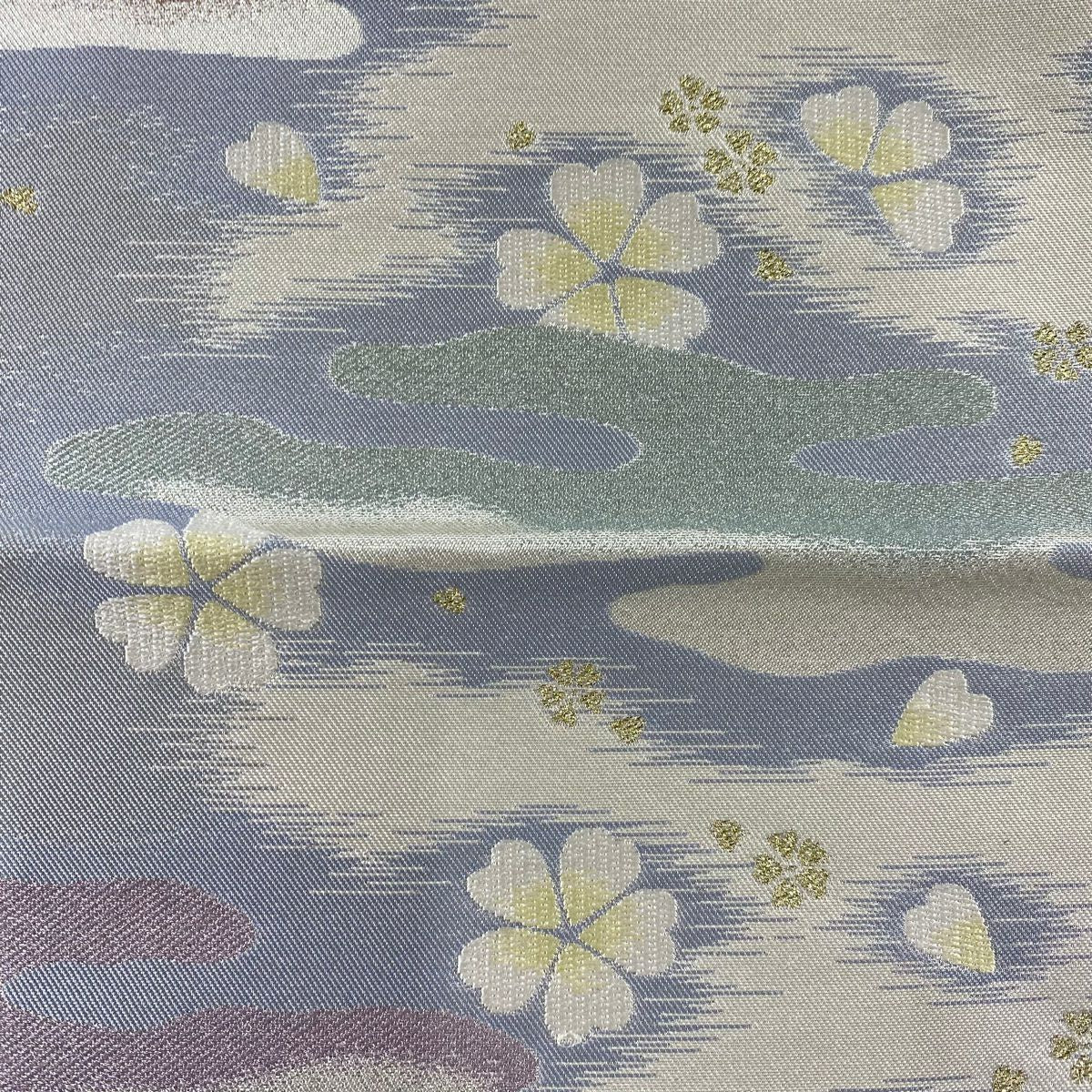 【美品】 袋帶 秀品級 樱花 霞 金金箔 拉麵線 青灰 六通 純蠶絲