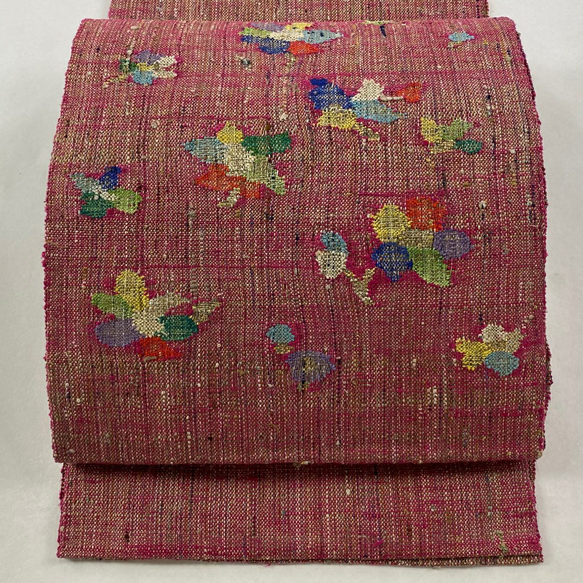 名古屋帶 秀品級 草花紋 金糸 金金箔 深紅 純蠶絲