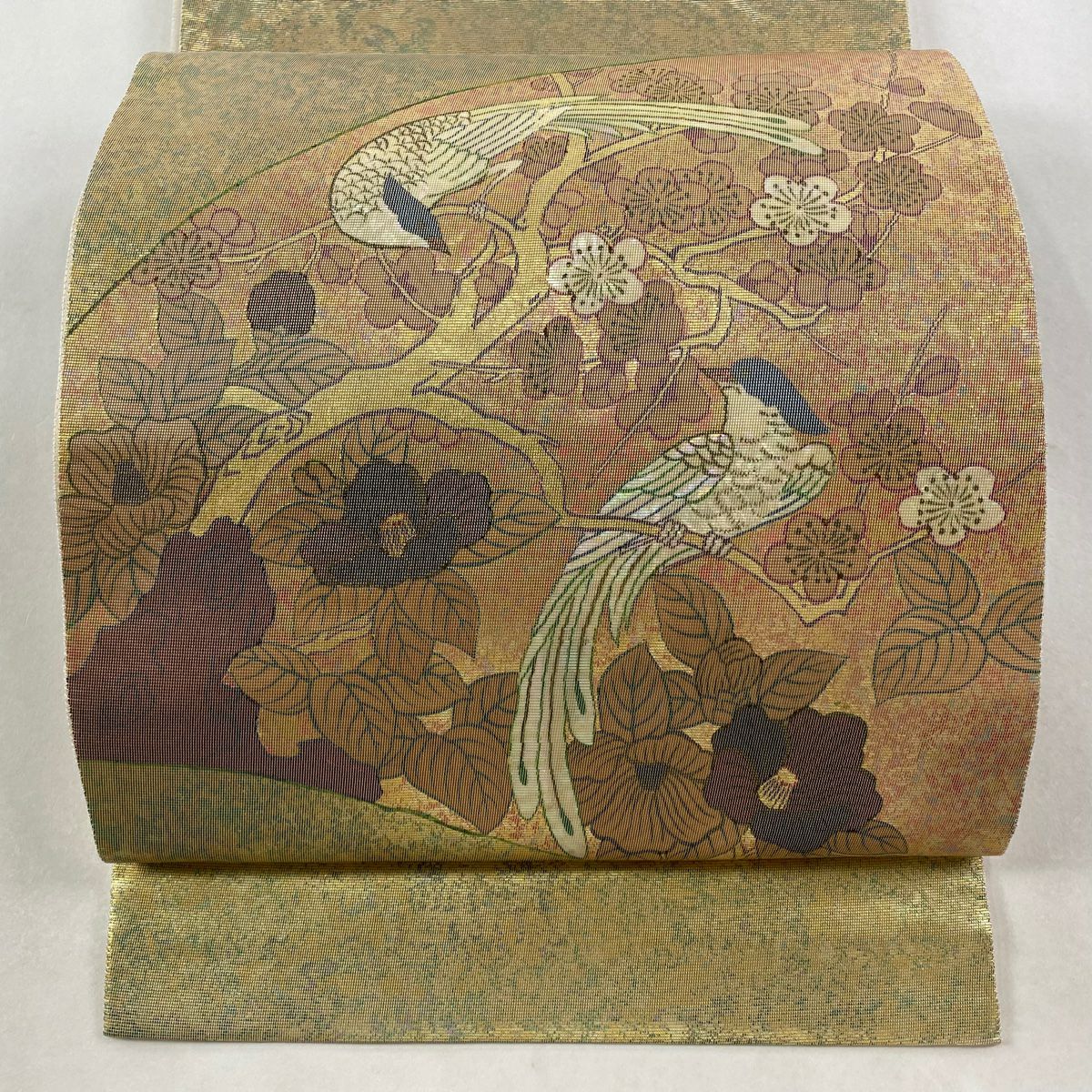 【美品】 袋帶 秀品級 枝花 鳥 金金箔 金色 大鼓圖案 純蠶絲