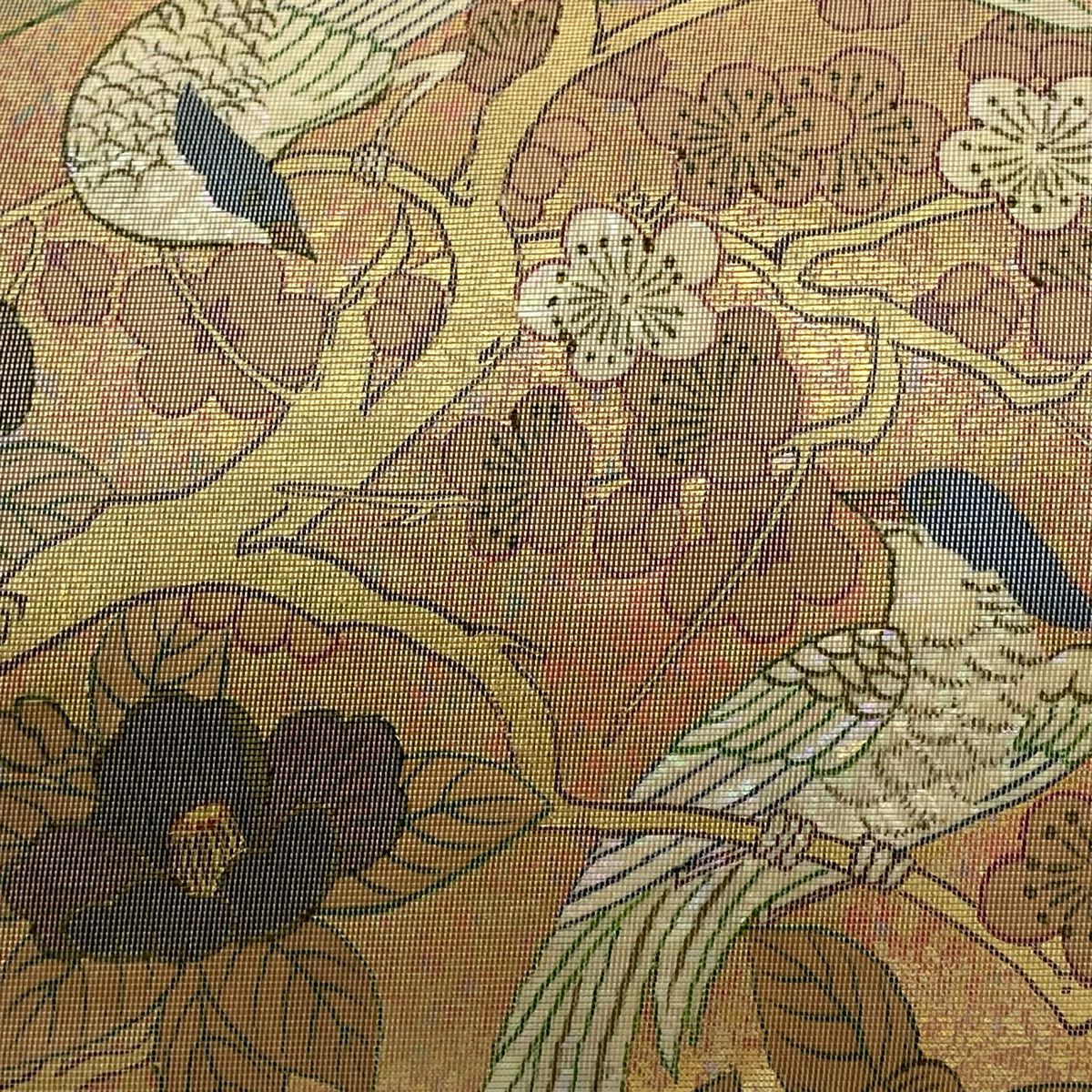 【美品】 袋帶 秀品級 枝花 鳥 金金箔 金色 大鼓圖案 純蠶絲