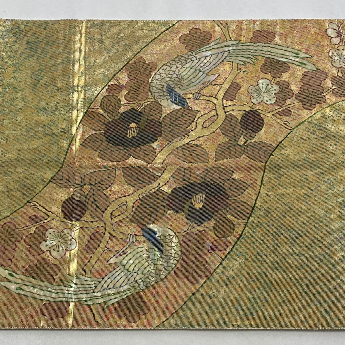 【美品】 袋帶 秀品級 枝花 鳥 金金箔 金色 大鼓圖案 純蠶絲