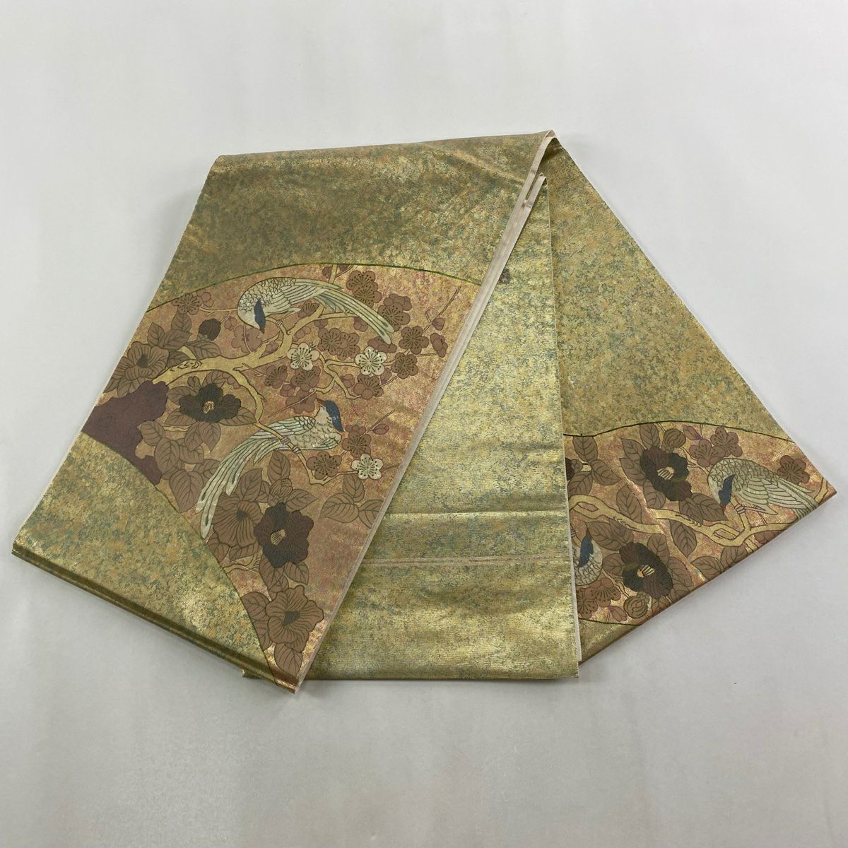 【美品】 袋帶 秀品級 枝花 鳥 金金箔 金色 大鼓圖案 純蠶絲