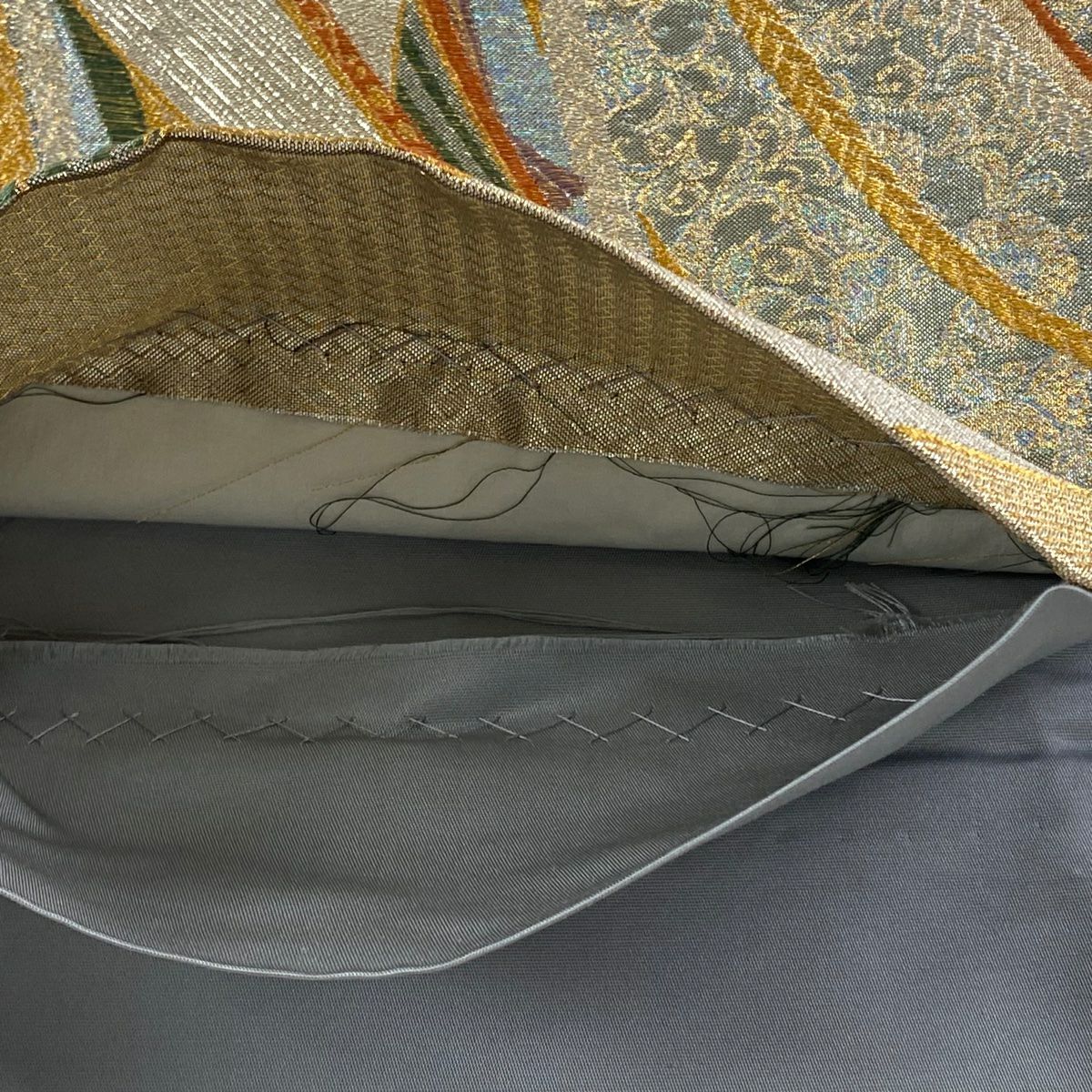 【美品】 袋帶 秀品級 幾何學 金銀絲 金金箔 銀 六通 純蠶絲