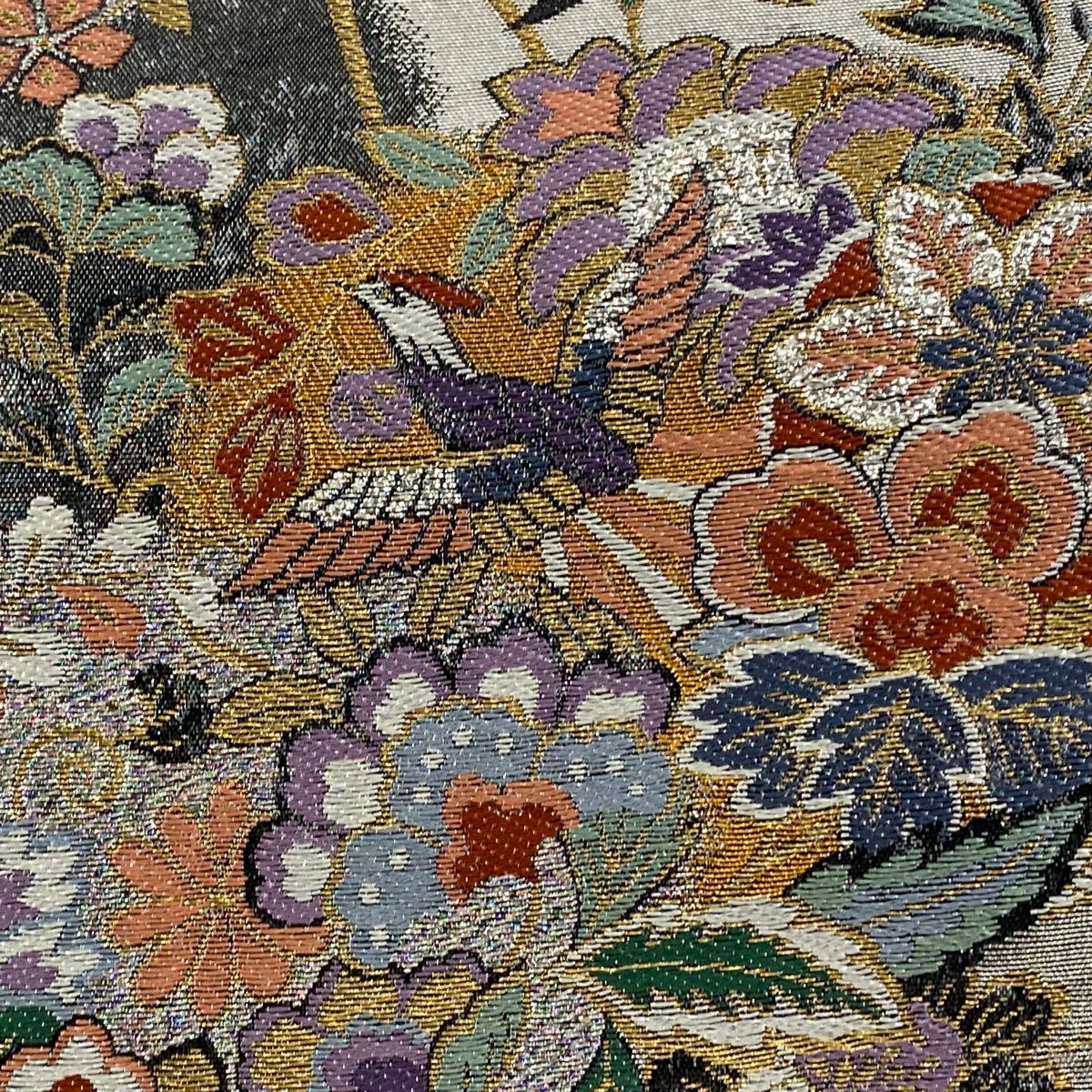 【美品】 袋帶 秀品級 華四季 唐華花鳥紋 蝴蝶 金銀線 金金箔 銀 六通 純蠶絲