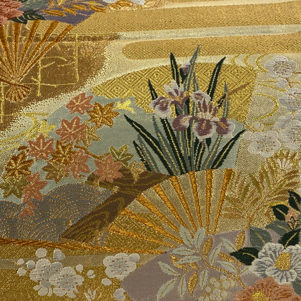 【美品】 袋帶 秀品級 扇子 草花紋 金糸 金金箔 金色 六通 純蠶絲