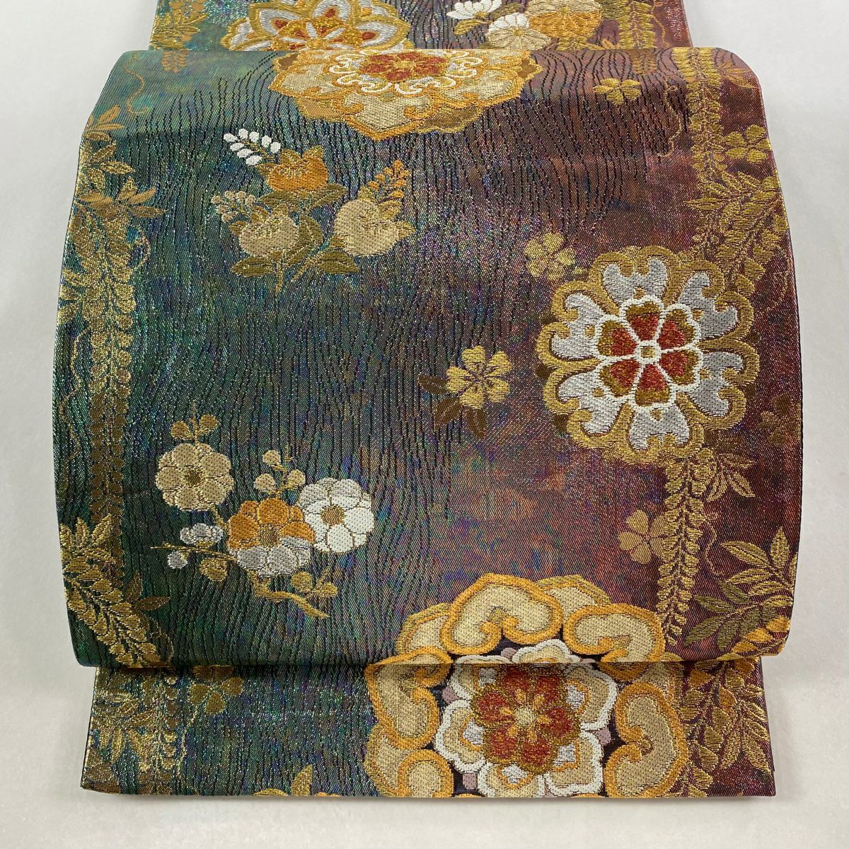 【美品】 袋帶 秀品級 華紋 草花紋紋 金金箔 金銀彩 紫 六通 純蠶絲