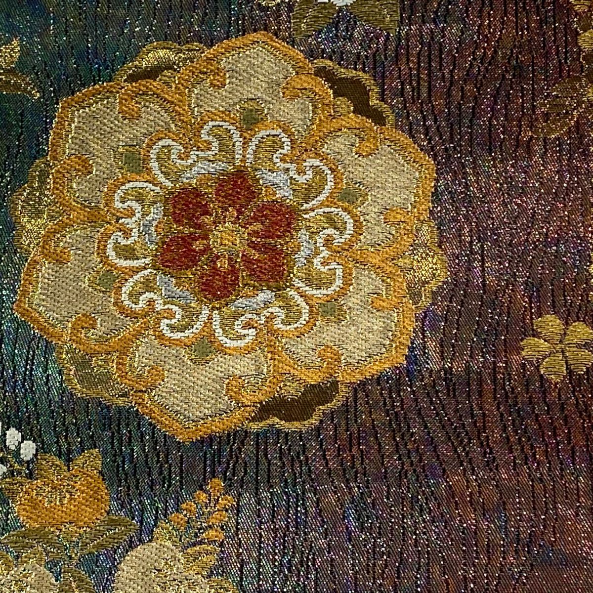 【美品】 袋帶 秀品級 華紋 草花紋紋 金金箔 金銀彩 紫 六通 純蠶絲