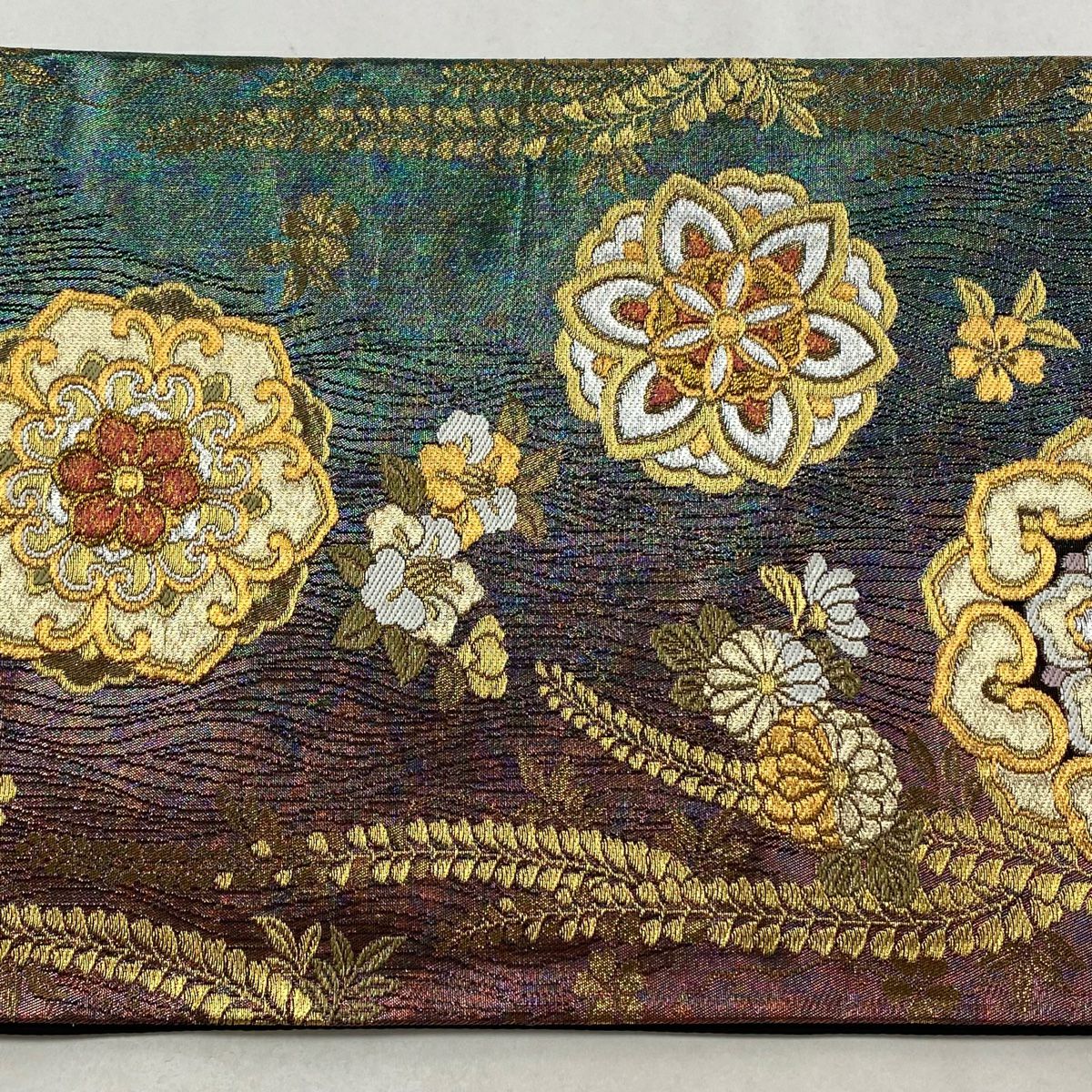【美品】 袋帶 秀品級 華紋 草花紋紋 金金箔 金銀彩 紫 六通 純蠶絲