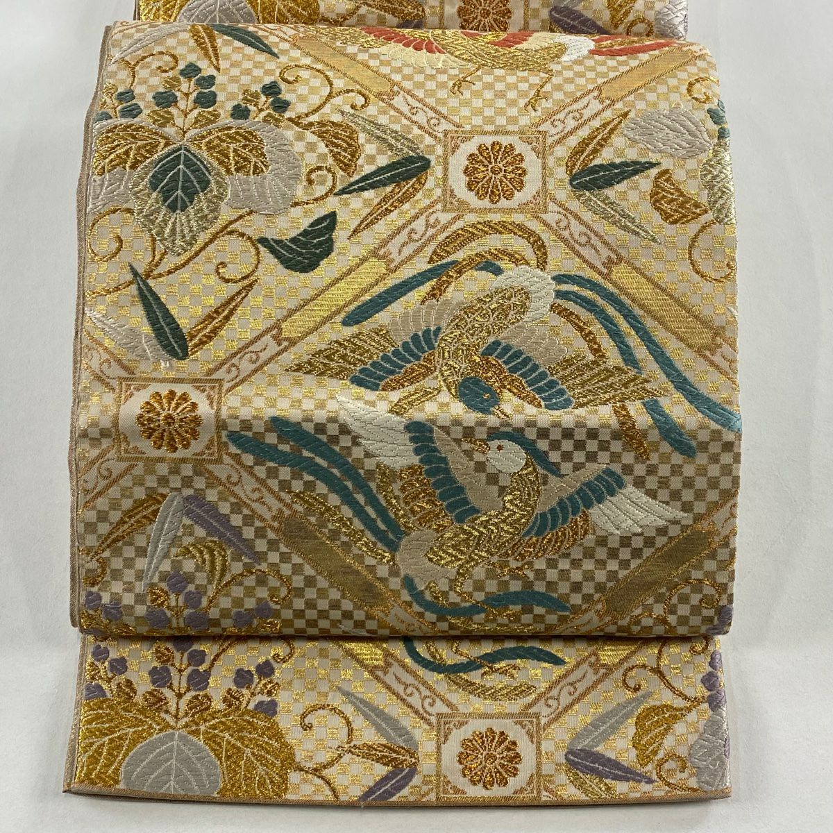 袋帶 秀品級 蜀江文 花鳥 刺繡 金銀糸 灰茶 六通 純蠶絲