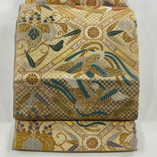 袋帶 秀品級 蜀江文 花鳥 刺繡 金銀糸 灰茶 六通 純蠶絲