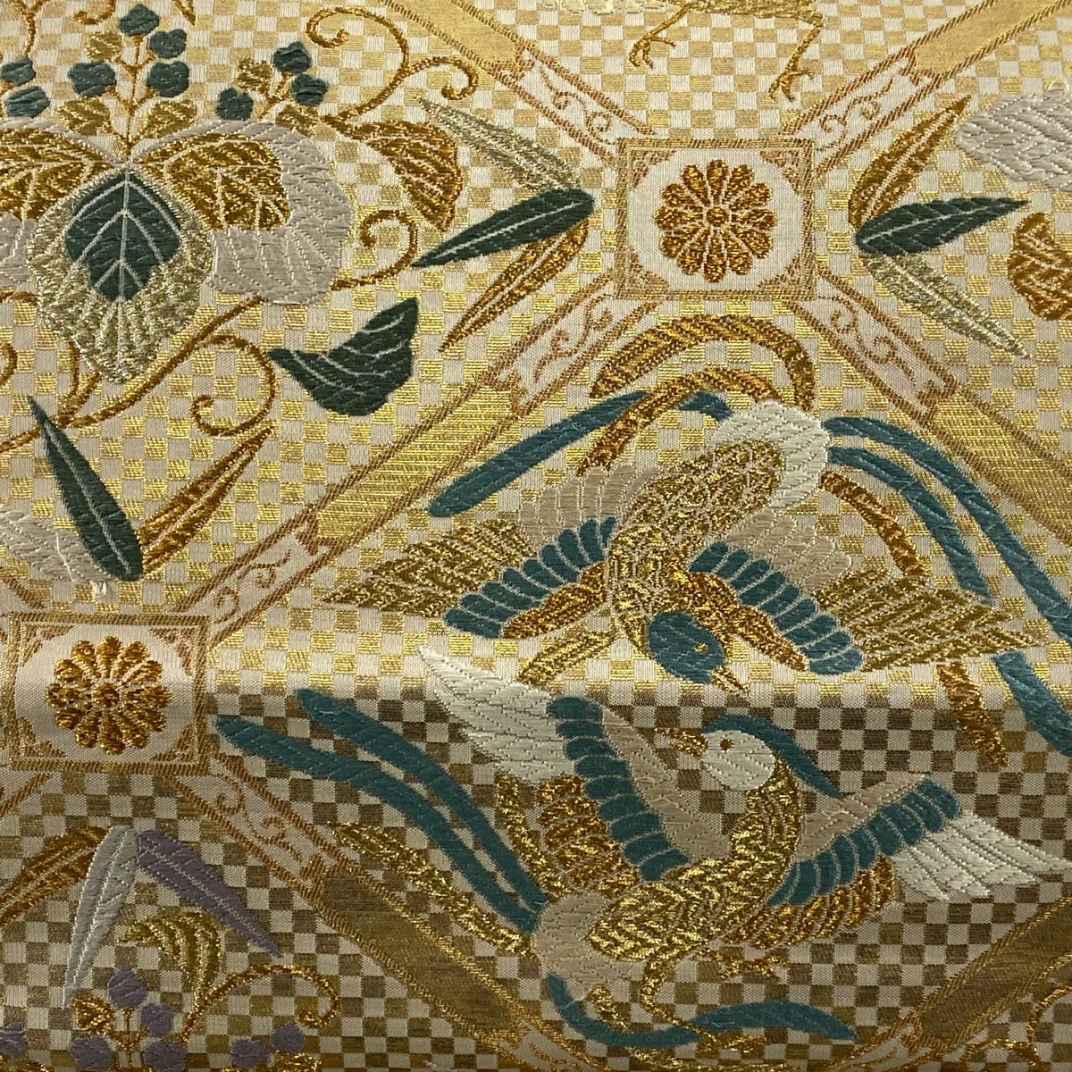 袋帶 秀品級 蜀江文 花鳥 刺繡 金銀糸 灰茶 六通 純蠶絲
