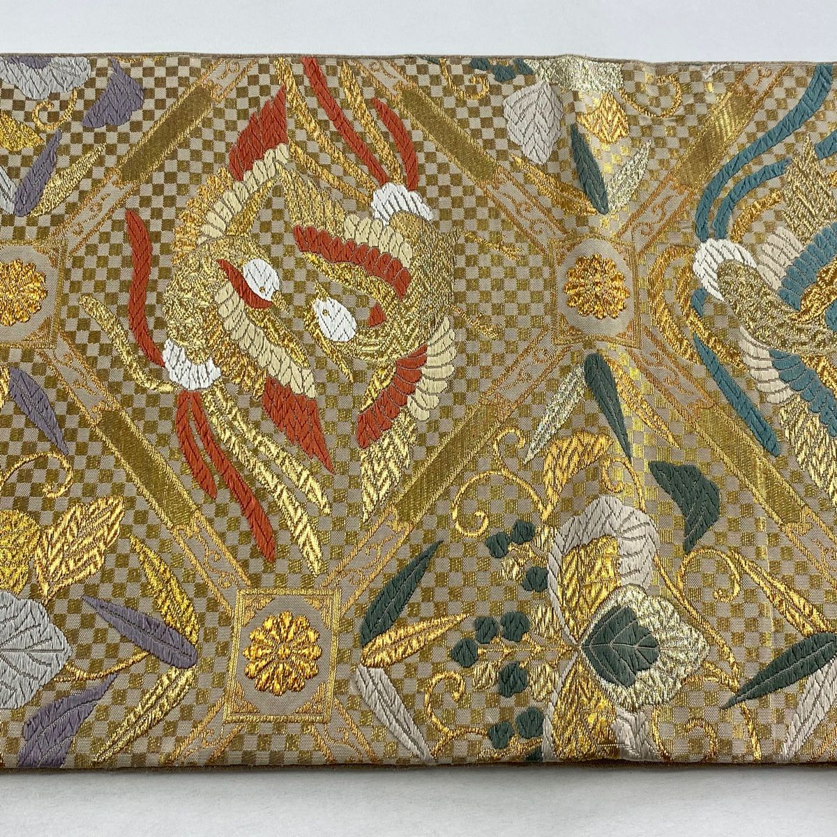 袋帶 秀品級 蜀江文 花鳥 刺繡 金銀糸 灰茶 六通 純蠶絲