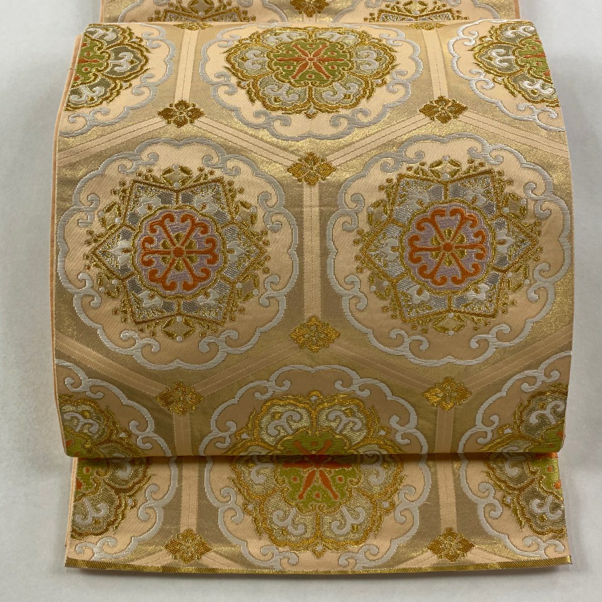 【美品】 袋帶 秀品級 落款あり 關西仕立 本家加納 龜甲 華紋 金銀彩 金金箔 淺橙 六通 純蠶絲