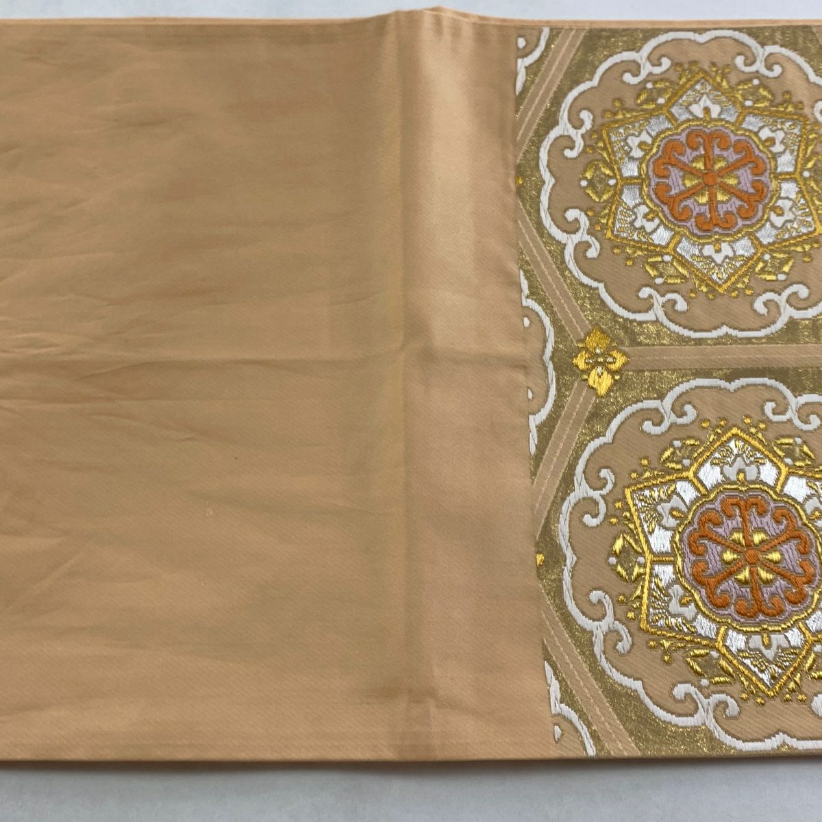 【美品】 袋帶 秀品級 落款あり 關西仕立 本家加納 龜甲 華紋 金銀彩 金金箔 淺橙 六通 純蠶絲