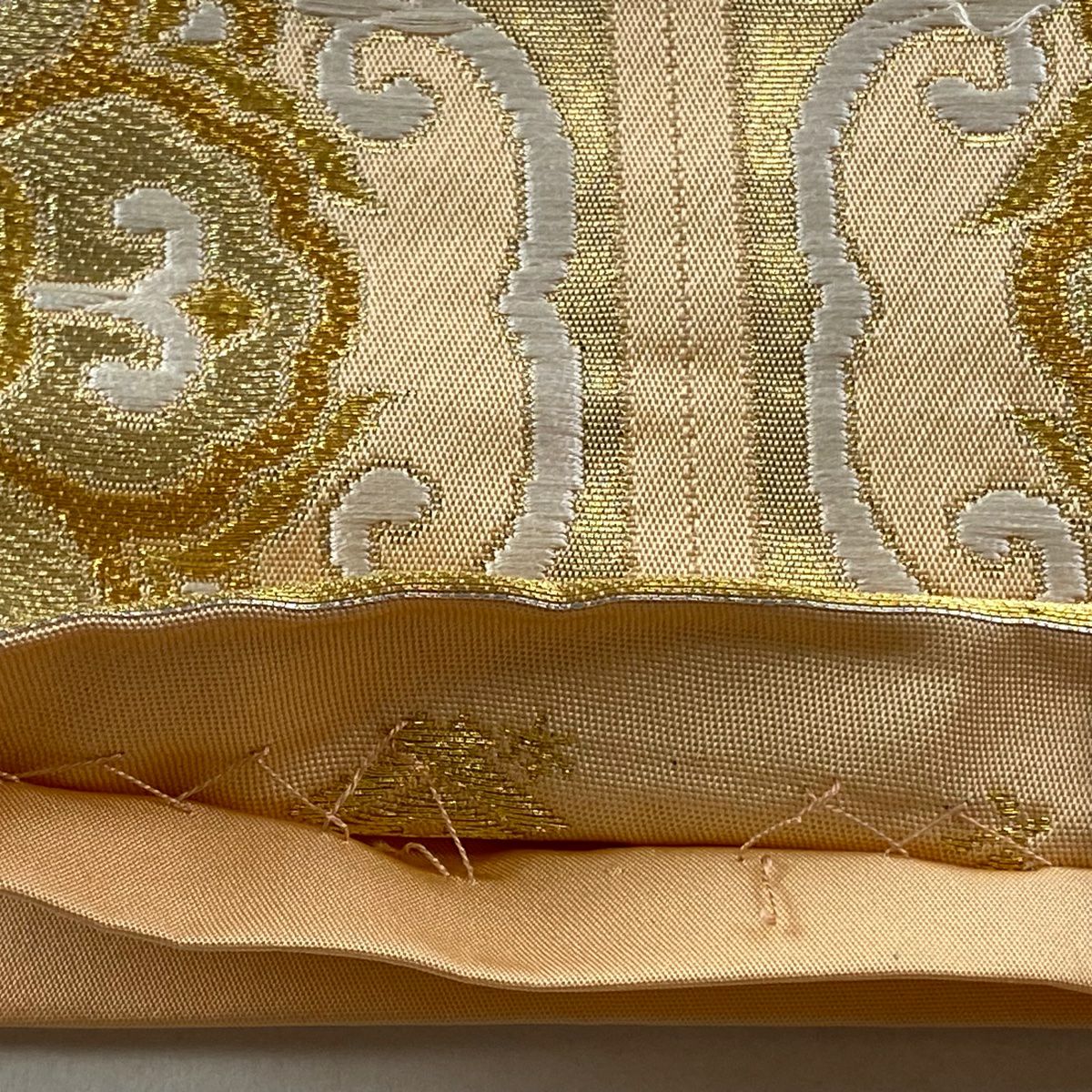 【美品】 袋帶 秀品級 落款あり 關西仕立 本家加納 龜甲 華紋 金銀彩 金金箔 淺橙 六通 純蠶絲