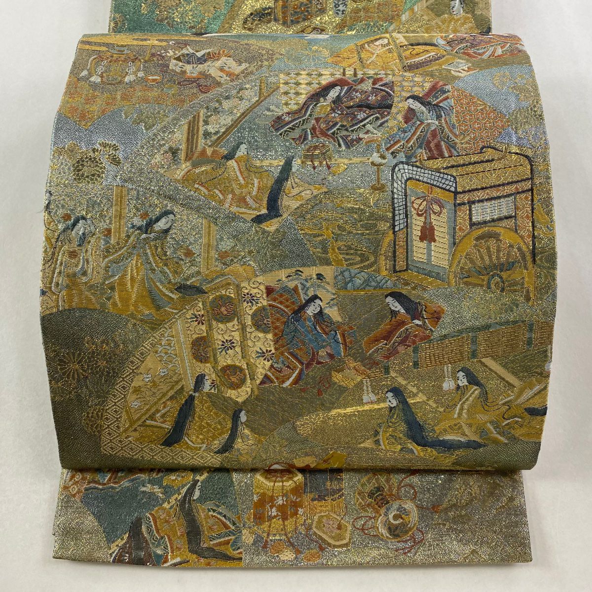 【美品】 袋帶 秀品級 扇子面 人物 金絲 金金箔 金色 大鼓圖案 純蠶絲