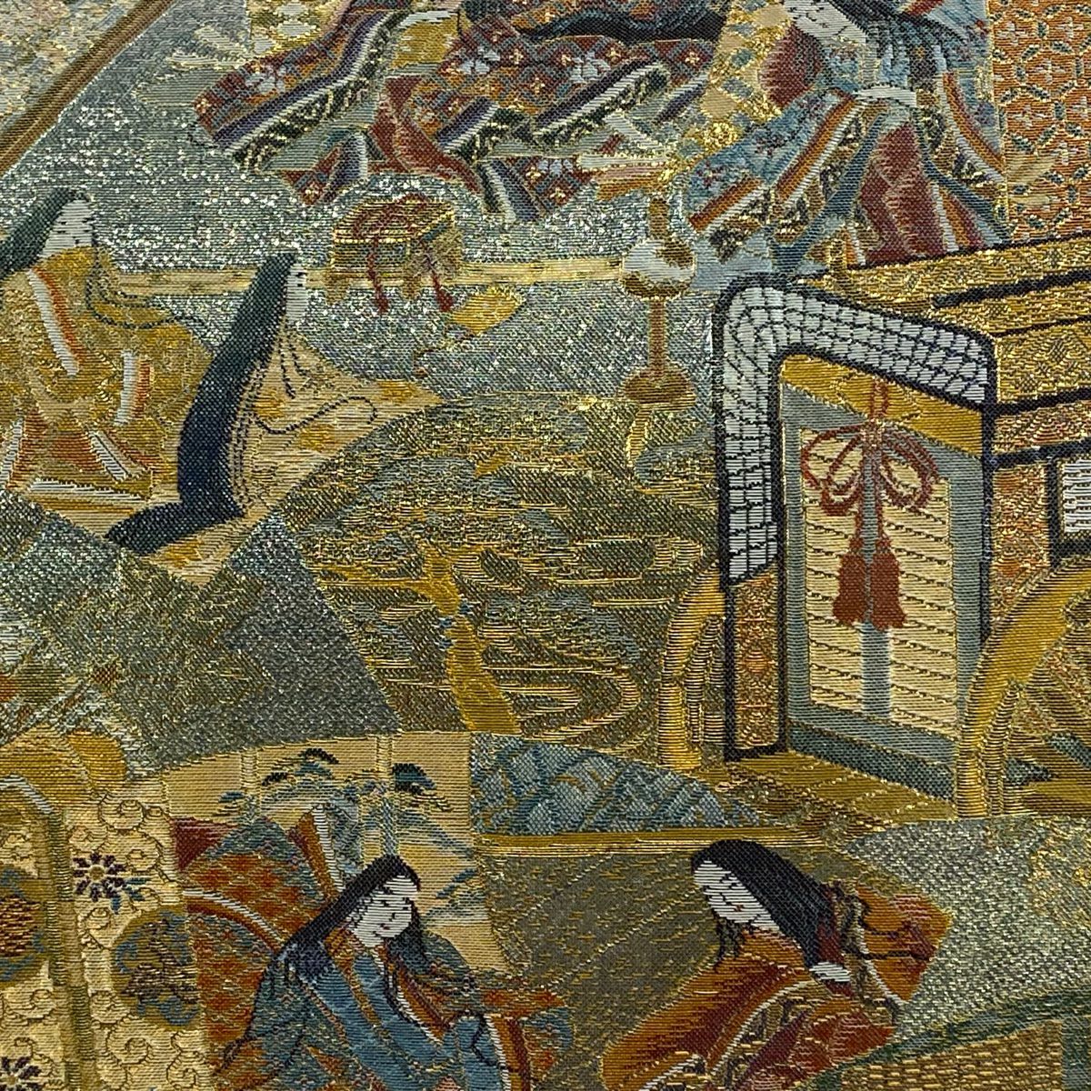 【美品】 袋帶 秀品級 扇子面 人物 金絲 金金箔 金色 大鼓圖案 純蠶絲