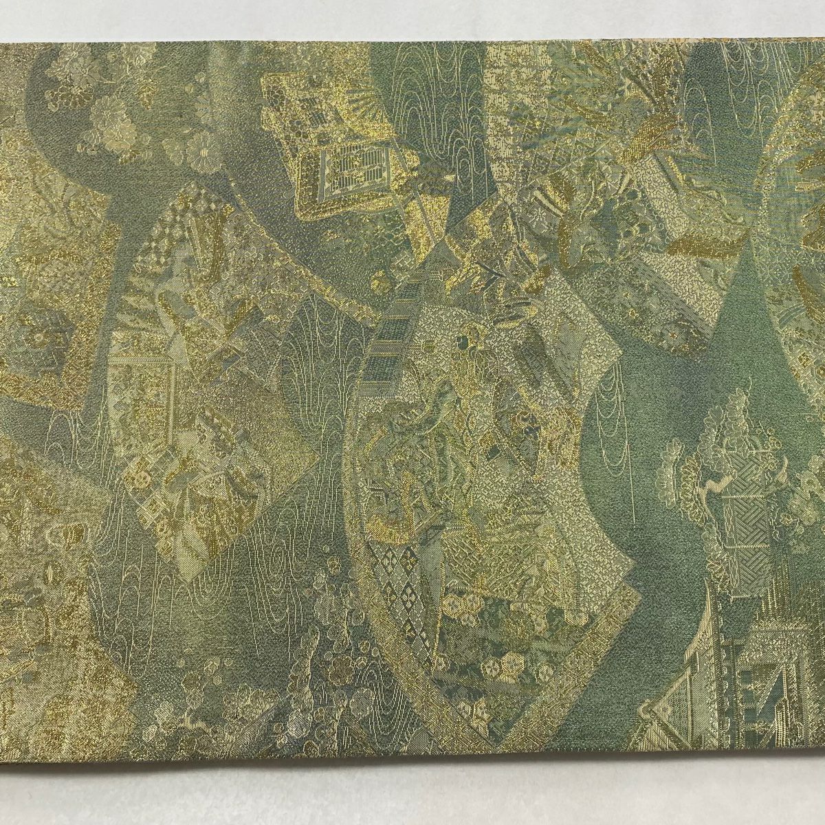 【美品】 袋帶 秀品級 扇子面 人物 金絲 金金箔 金色 大鼓圖案 純蠶絲