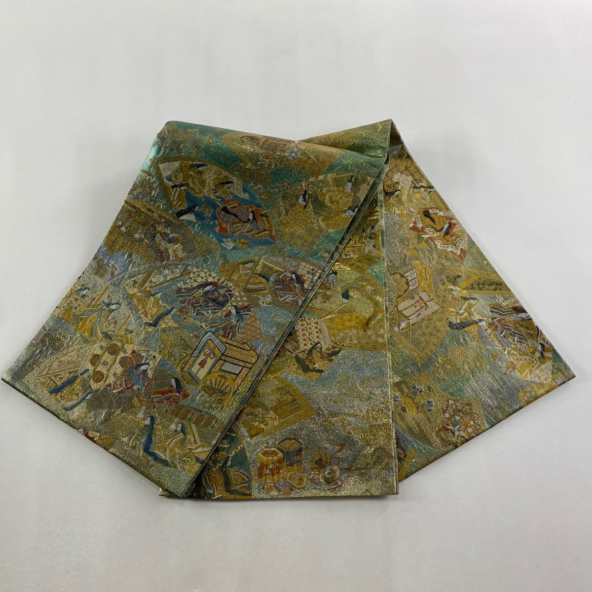 【美品】 袋帶 秀品級 扇子面 人物 金絲 金金箔 金色 大鼓圖案 純蠶絲