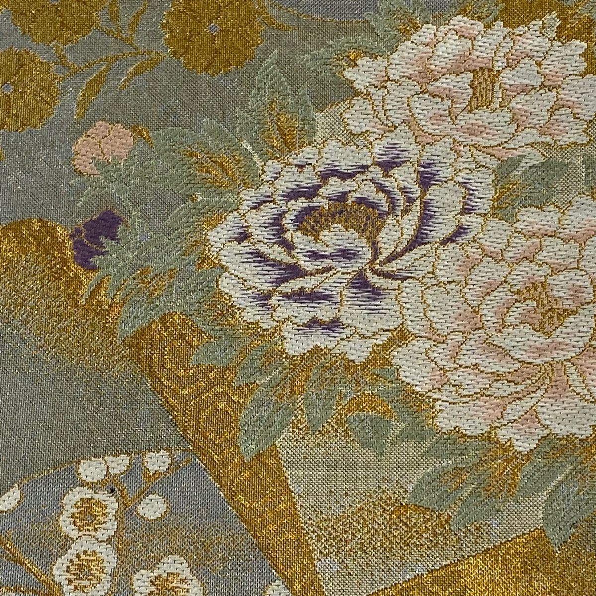 【美品】 袋帶 秀品級 色紙 草花紋 金糸 金金箔 銀 六通 純蠶絲