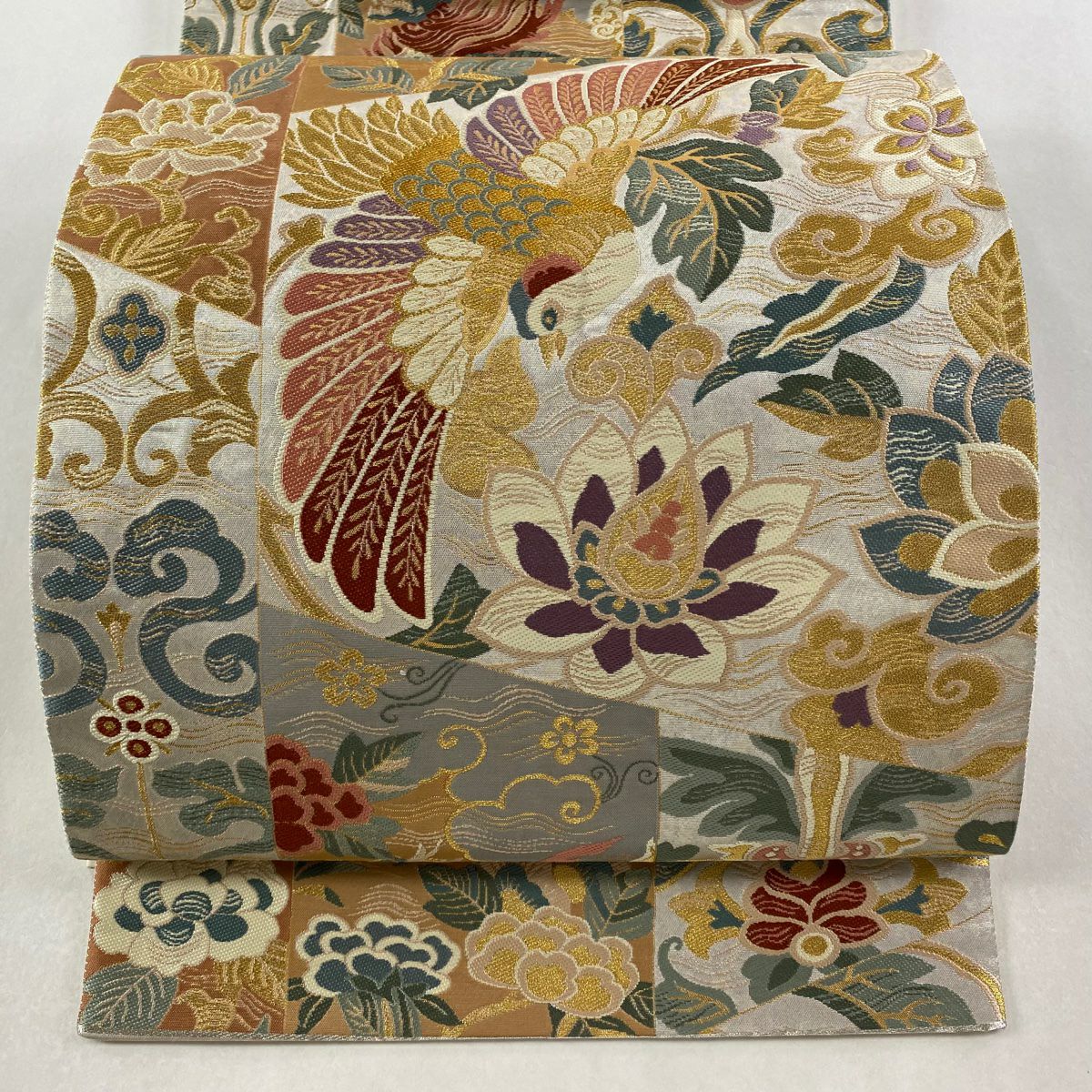 【美品】 袋帶 秀品級 鳥 草花紋 金糸 金金箔 銀 六通 純蠶絲