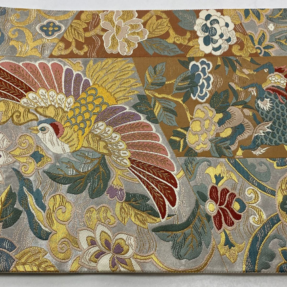【美品】 袋帶 秀品級 鳥 草花紋 金糸 金金箔 銀 六通 純蠶絲