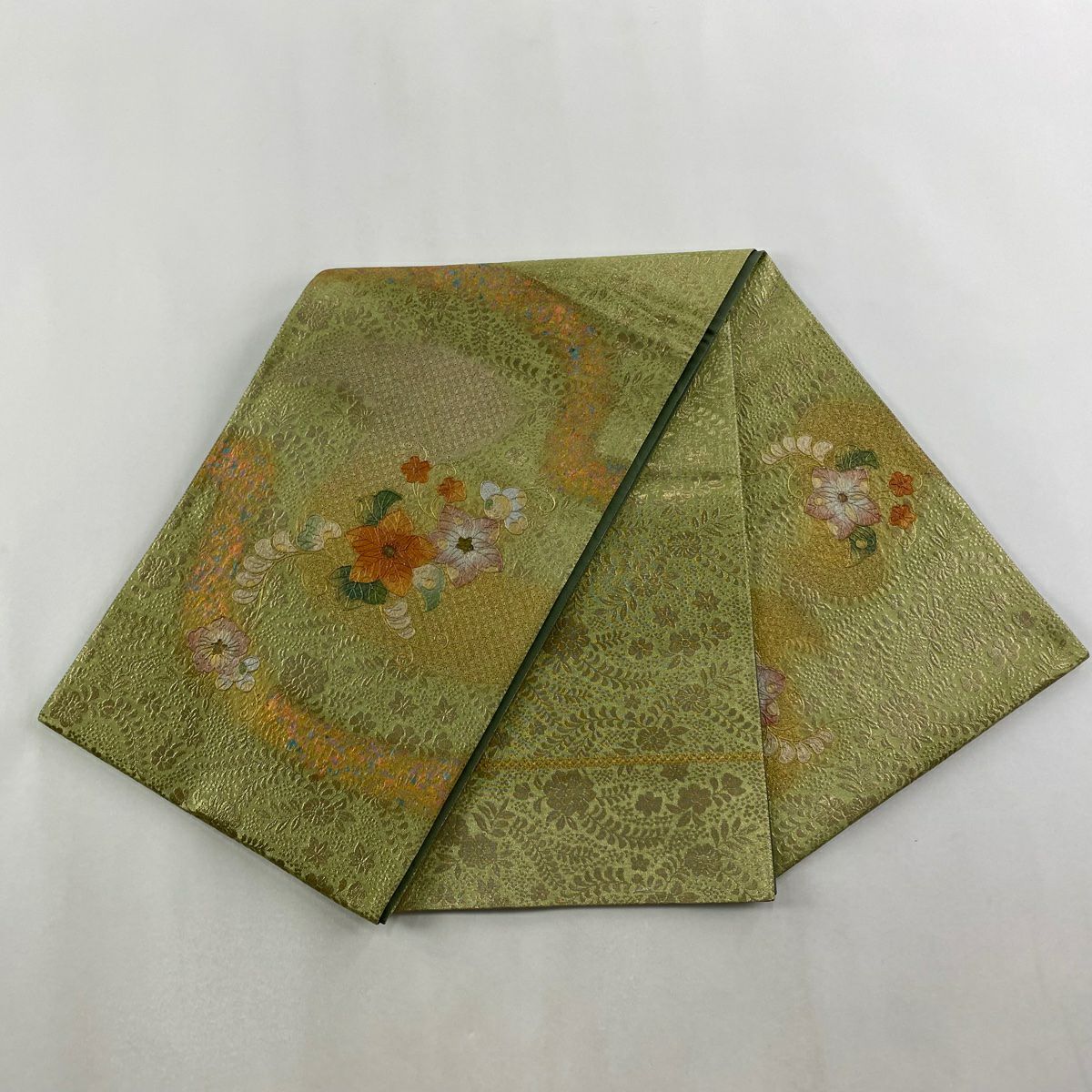 袋帶 秀品級 草花紋 細流 螺鈿 金金箔 抹茶 純蠶絲