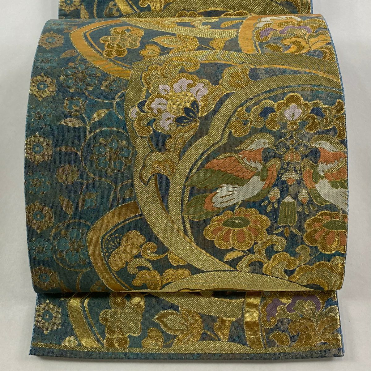 【美品】 袋帶 秀品級 更紗 向鳥 金絲 金金箔 青灰 六通 純蠶絲