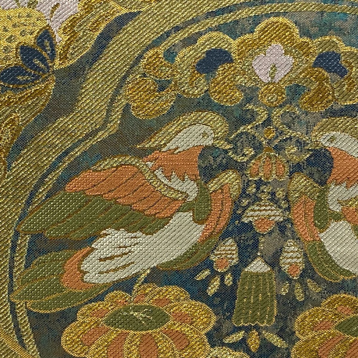 【美品】 袋帶 秀品級 更紗 向鳥 金絲 金金箔 青灰 六通 純蠶絲