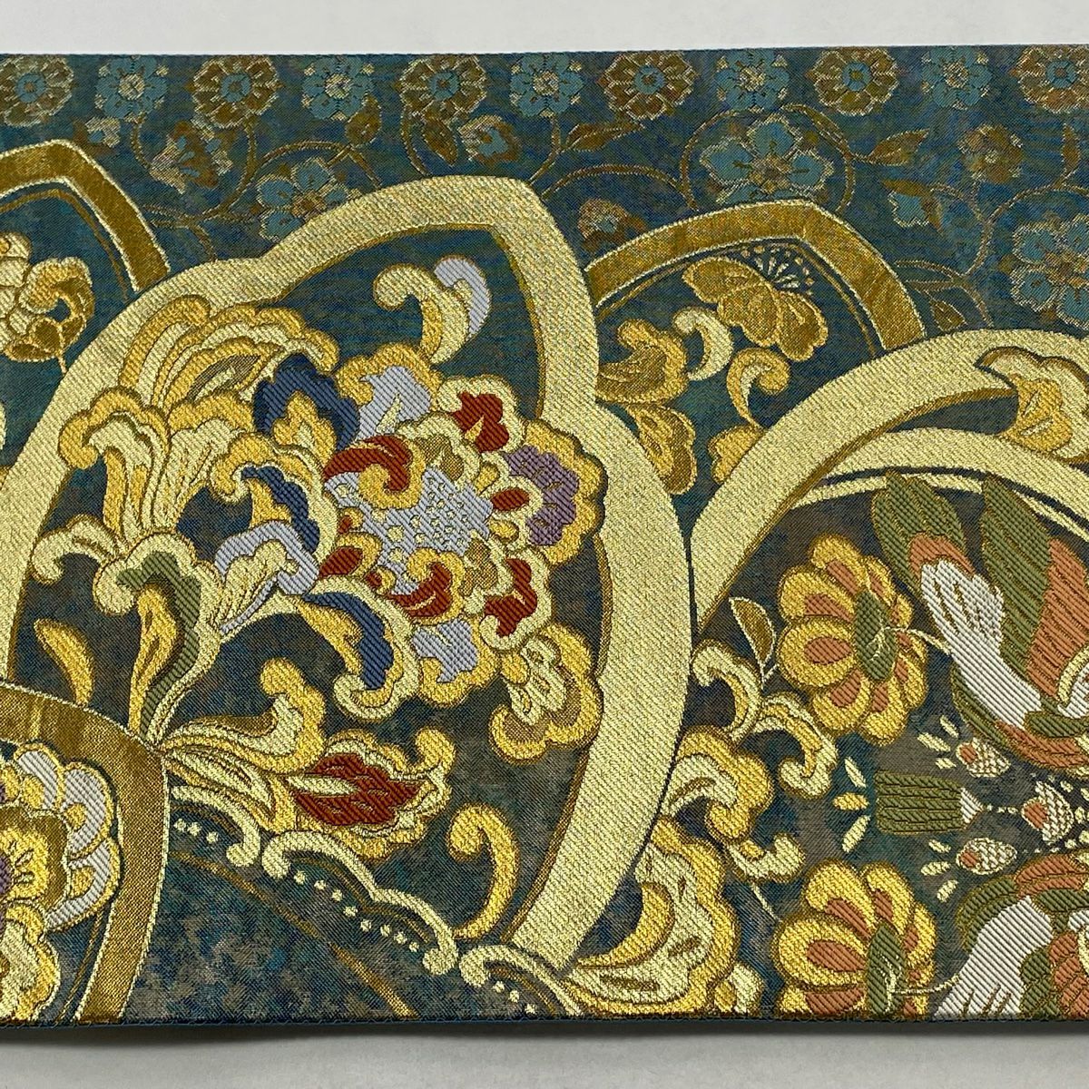 【美品】 袋帶 秀品級 更紗 向鳥 金絲 金金箔 青灰 六通 純蠶絲