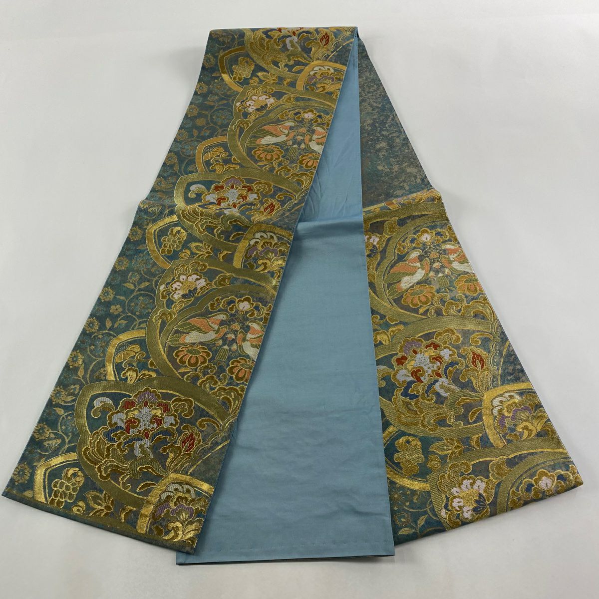 【美品】 袋帶 秀品級 更紗 向鳥 金絲 金金箔 青灰 六通 純蠶絲